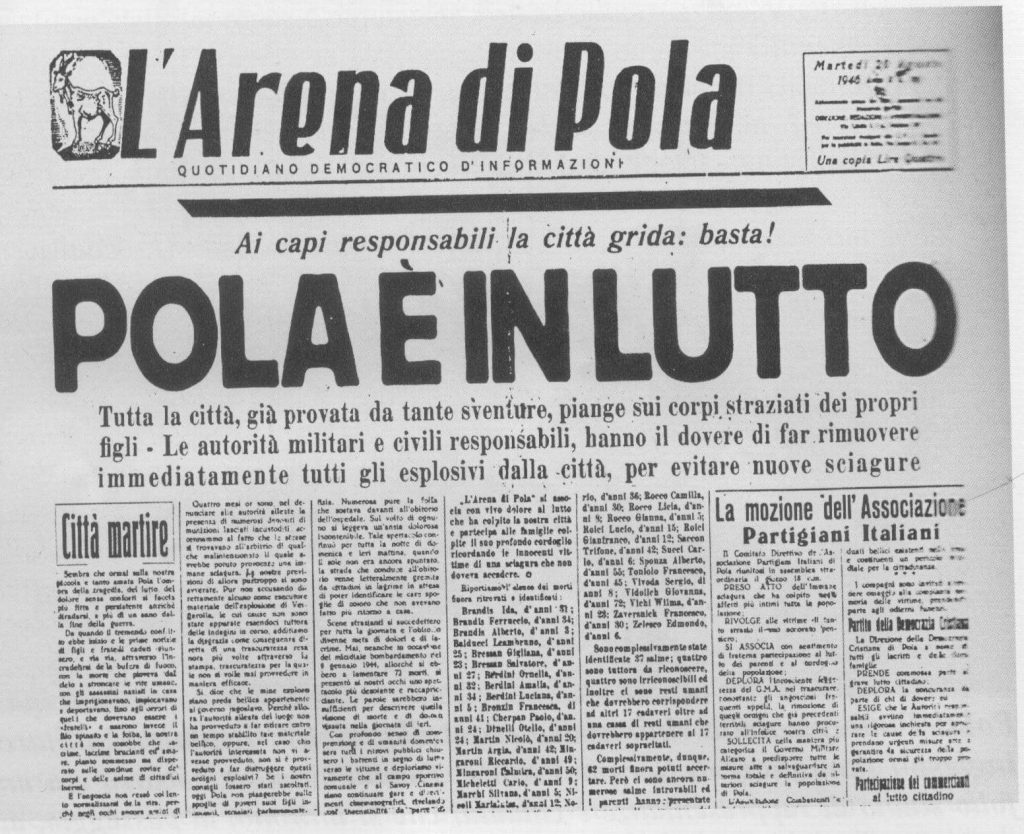 Prima pagina de "L'Arena di Pola" - Pola è in Lutto