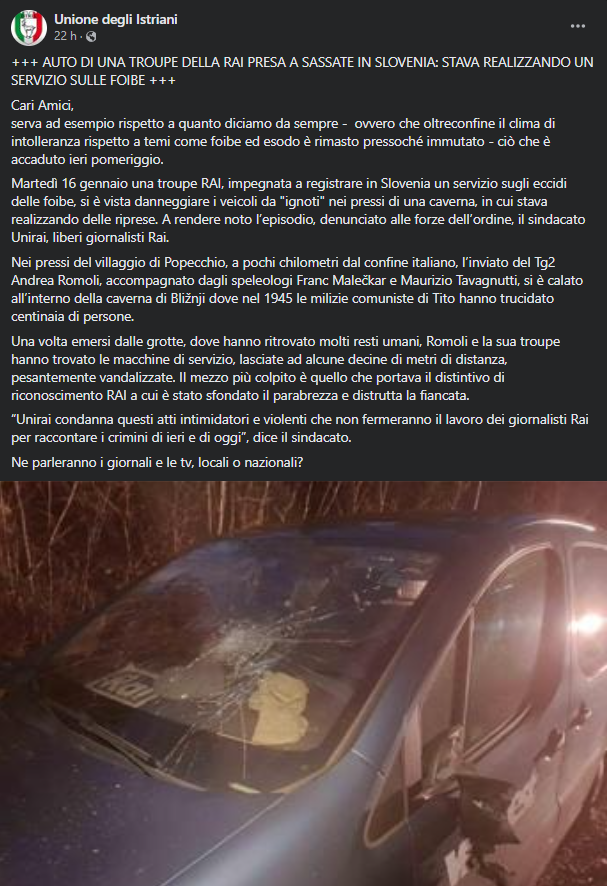 In Slovenia auto della troupe della RAI presa a sassate durante un servizio sulle Foibe