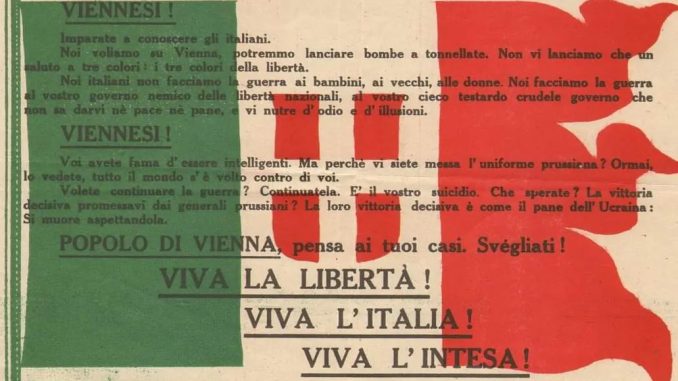 Il volantino lanciato dalla squadriglia "La serenissima" con Gabriele D'Annunzio