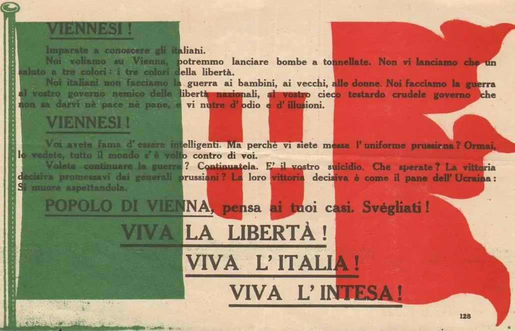 Il volantino lanciato dalla squadriglia "La serenissima" con Gabriele D'Annunzio