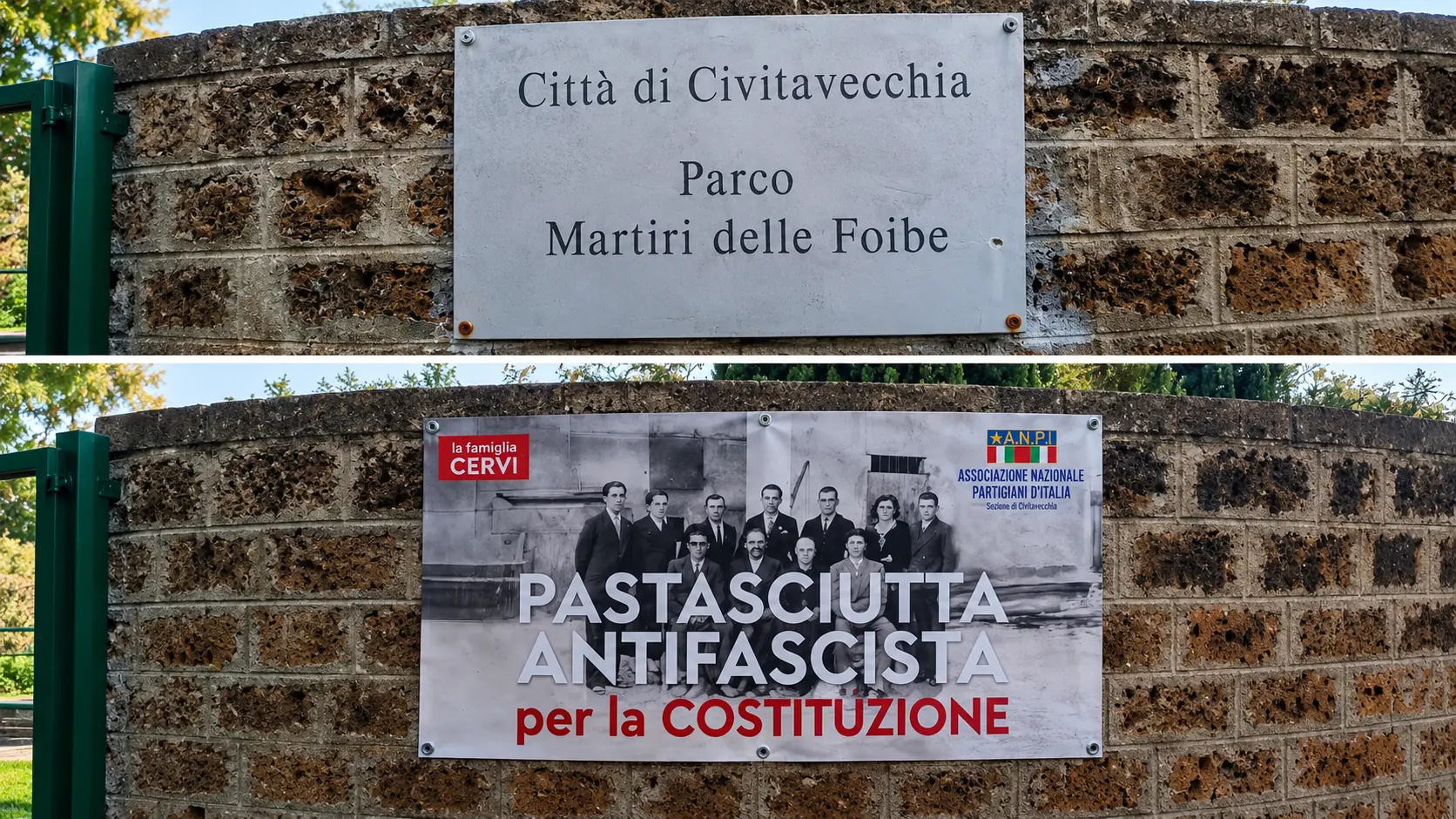 Civitavecchia la targa del Parco Martiri delle Foibe coperta dallANPI